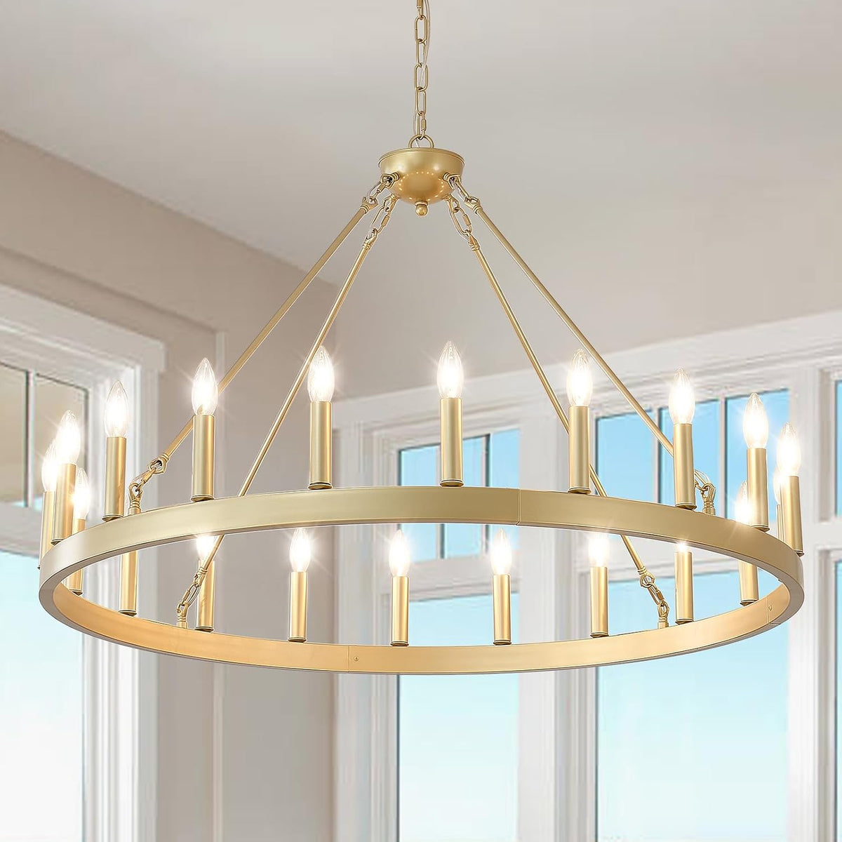 Gold Wagon-Wheel Chandelier, Warm Ring Fixture for Dining and Living Spaces