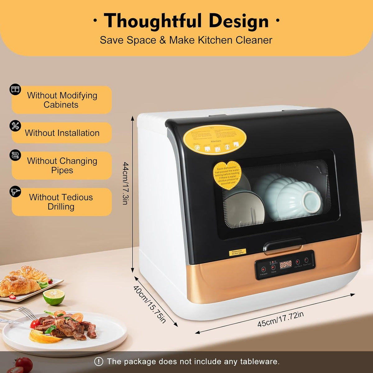 Portable Countertop Dishwasher, Compact Dishwasher Residual Temperature Drying & Air-cooled Drying with 3 Washing
