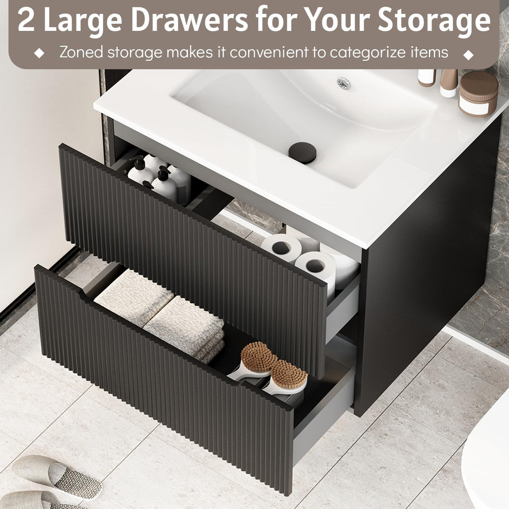 30" Floating Bathroom Vanity with Ceramic Sink - Wall Mounted Vanity Cabinet