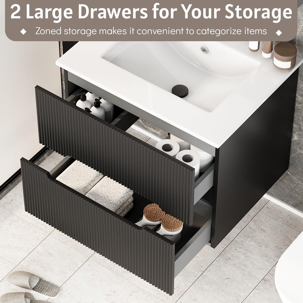 30" Floating Bathroom Vanity with Ceramic Sink - Wall Mounted Vanity Cabinet