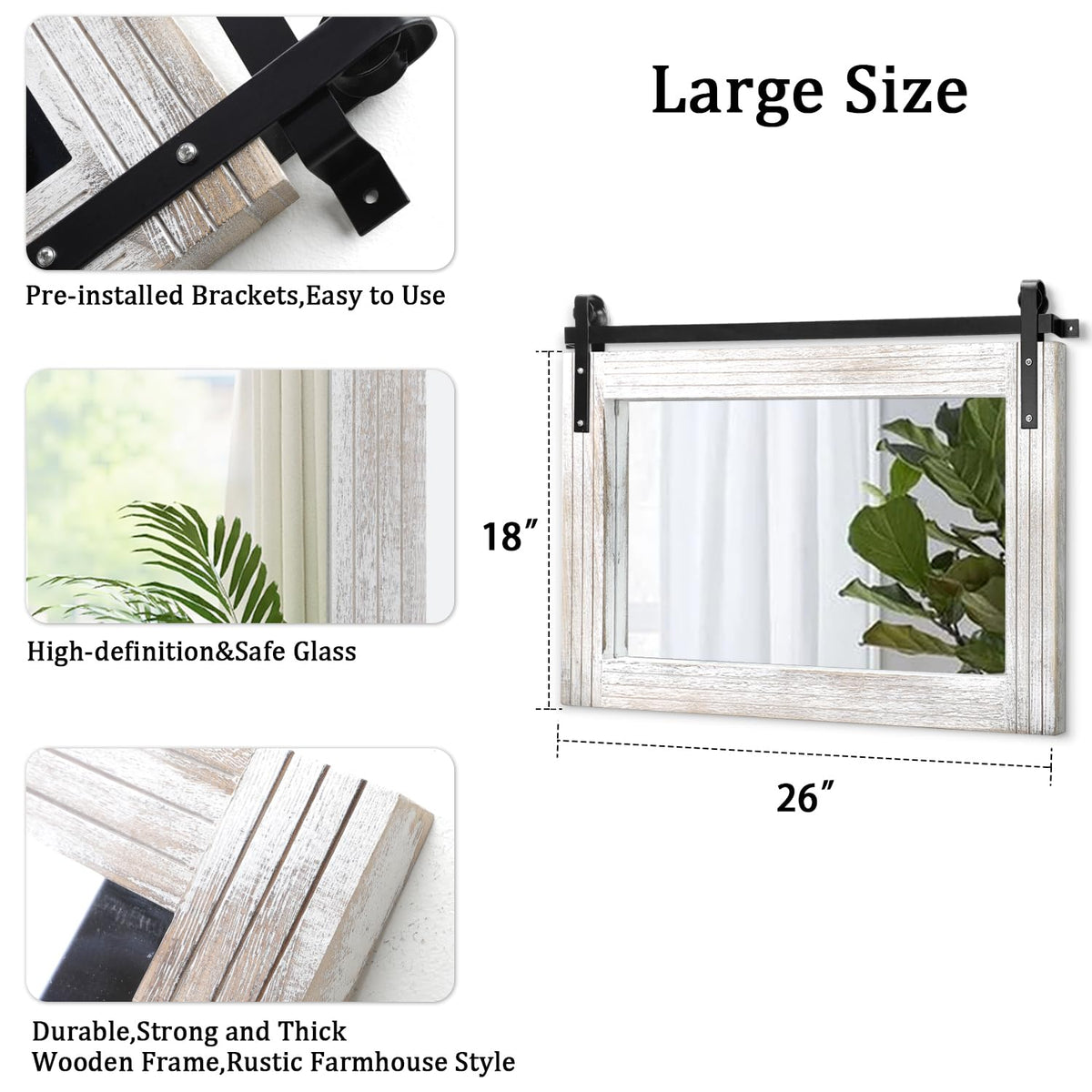 Large Barn Door Mirror with Wood Framed Rectangle Mirrors for Wall Bathroom Vanity Mirror Decorative Farmhouse