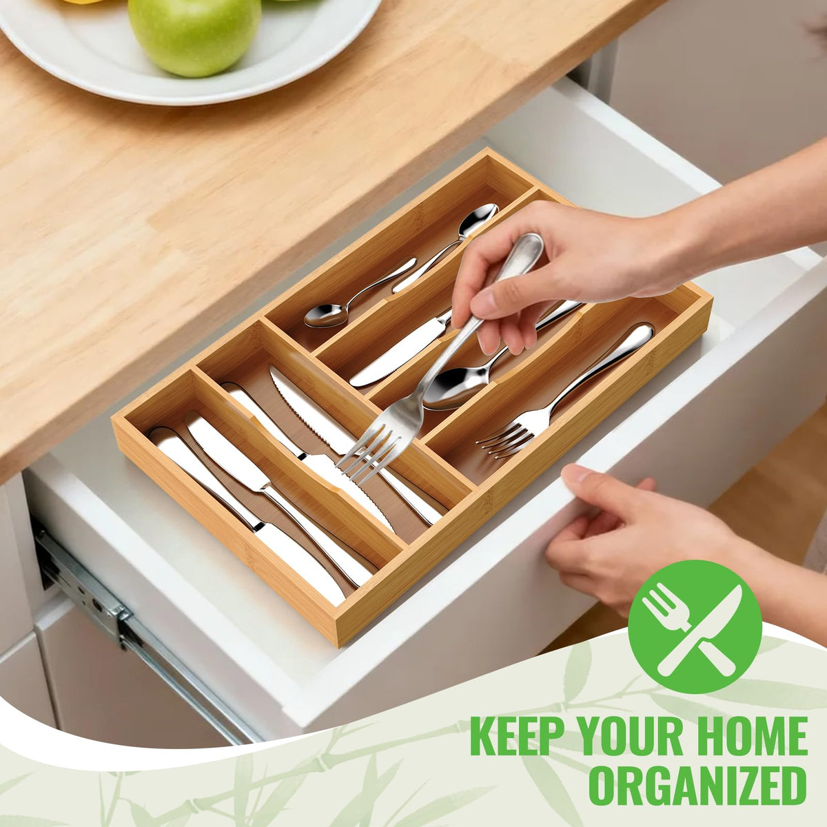 Bamboo Silverware Organizer, Bamboo Kitchen Drawer Cutlery Organizer, Utensil Holder, Flatware Organizer Tray