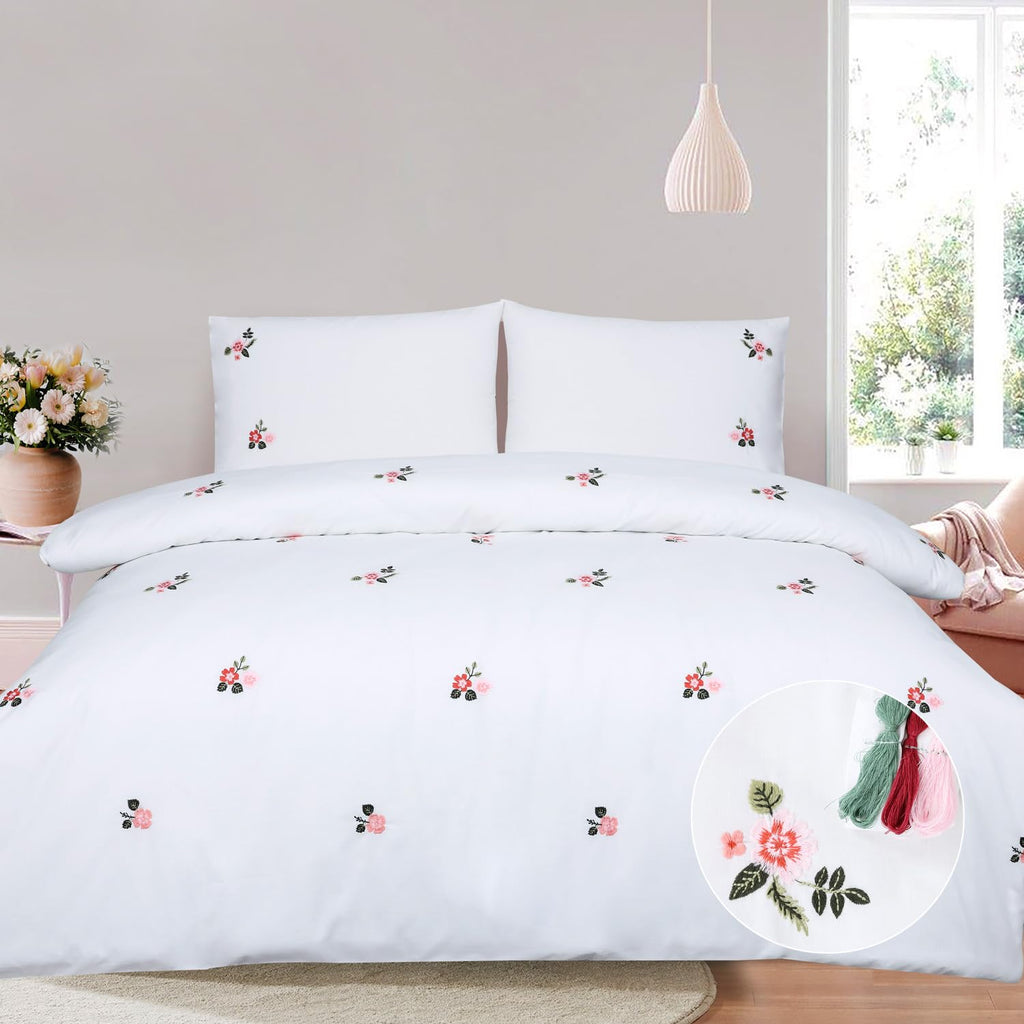 Pink Floral Duvet Cover Set Embroidered White Cotton Bedding Set