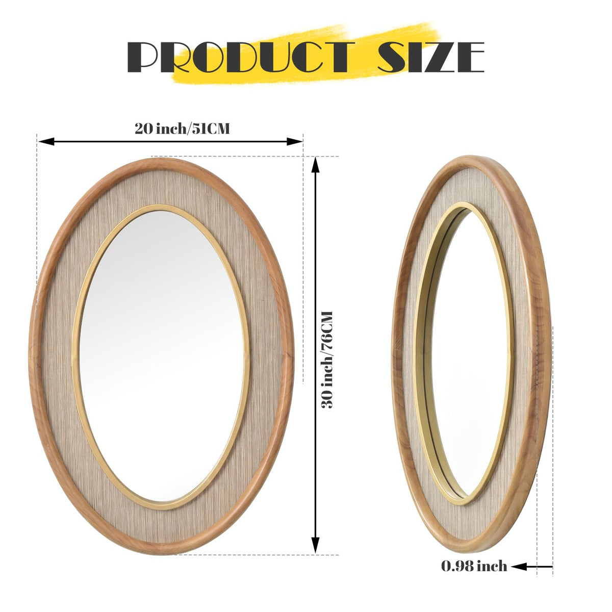Wood Oval Mirror, 22x30" Farmhouse Rustic Decor Bathroom Vanity Wall Mirrors