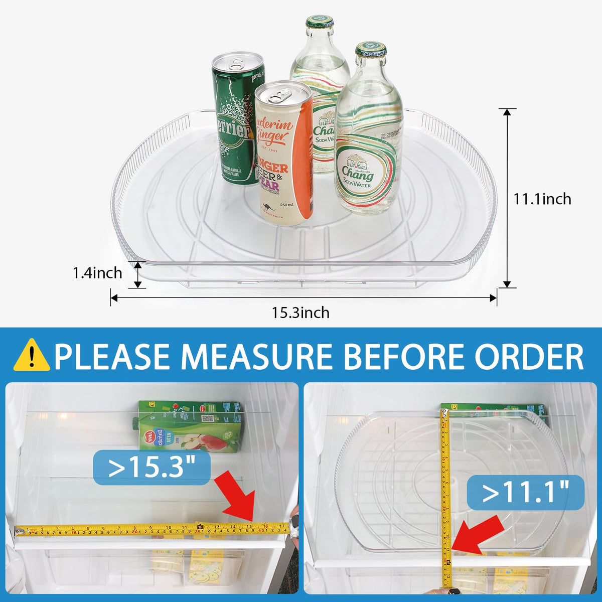 Lazy Susan Turntable for Refrigerator, Square Turntable Organizer for Fridge Cabinet, Pantry, Countertop (15.3" x