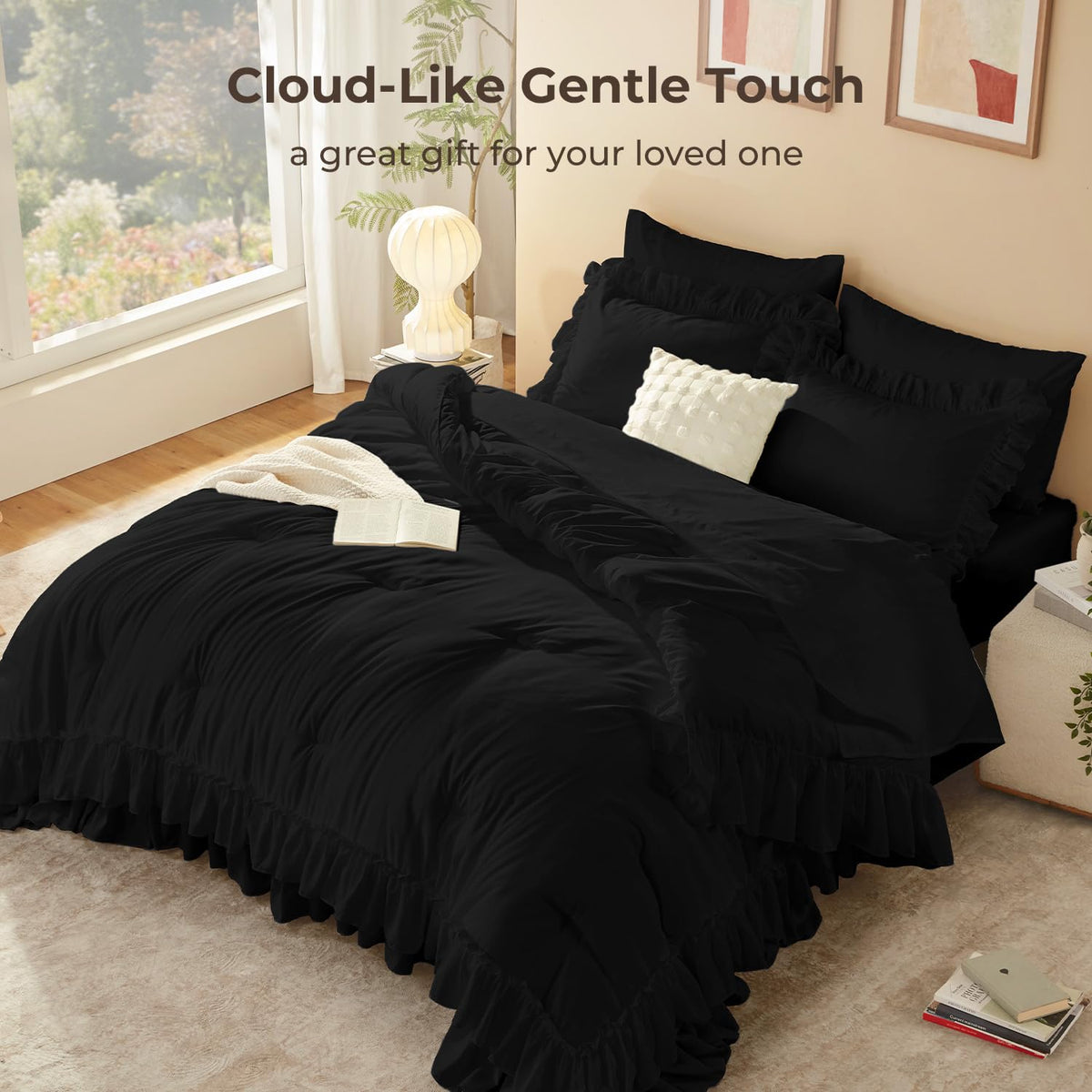 Comforter Set, 7 Pcs Black Ruffle Bed in a Bag