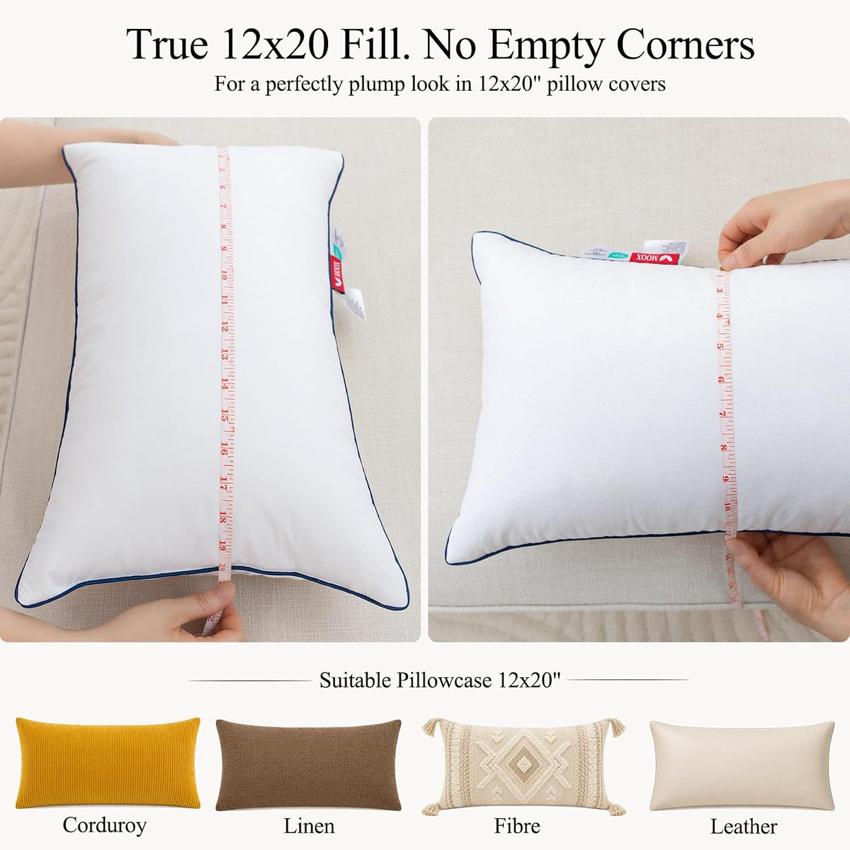 Down 12x20 Pillow Insert, 600g Goose Down & Feather Fill, Decorative Lumbar Throw Pillow Insert with Triple-Layer