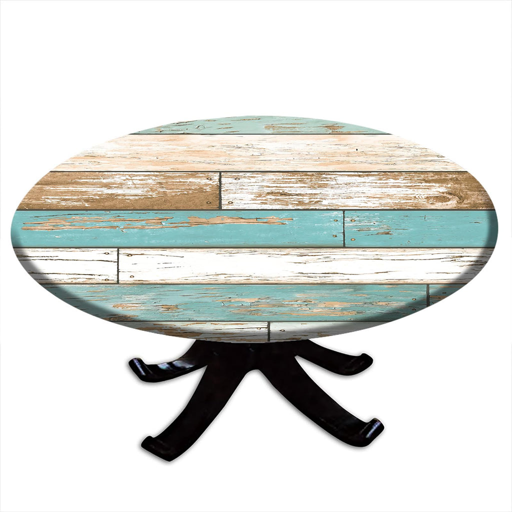 Round Fitted Table Cover Wood Grain, Farmhouse Outdoor Elastic Edge Tablecloth for Party Dining Home Picnic Fits