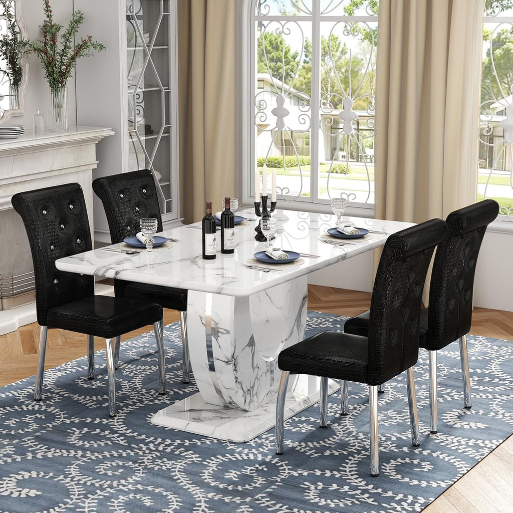 Modern Faux Marble Dining Table Set for 4, 63" White Rectangular Kitchen Table with Elegant U-Shaped Pedestal Base &