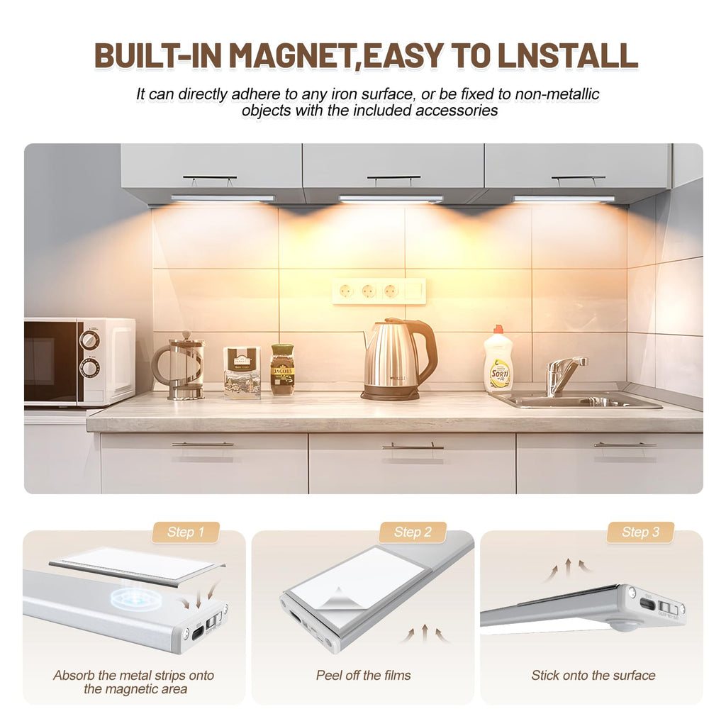 16 inch Under Cabinet Lighting, 6 Pack Motion Sensor Light Indoor Rechargeable Magnetic Closet Lights Battery