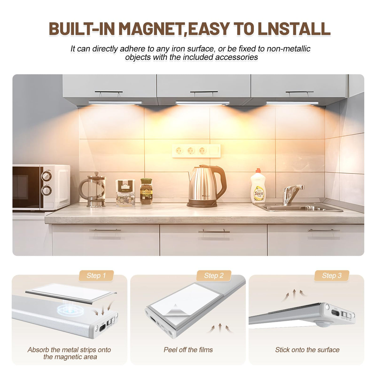 16 inch Under Cabinet Lighting, 6 Pack Motion Sensor Light Indoor Rechargeable Magnetic Closet Lights Battery