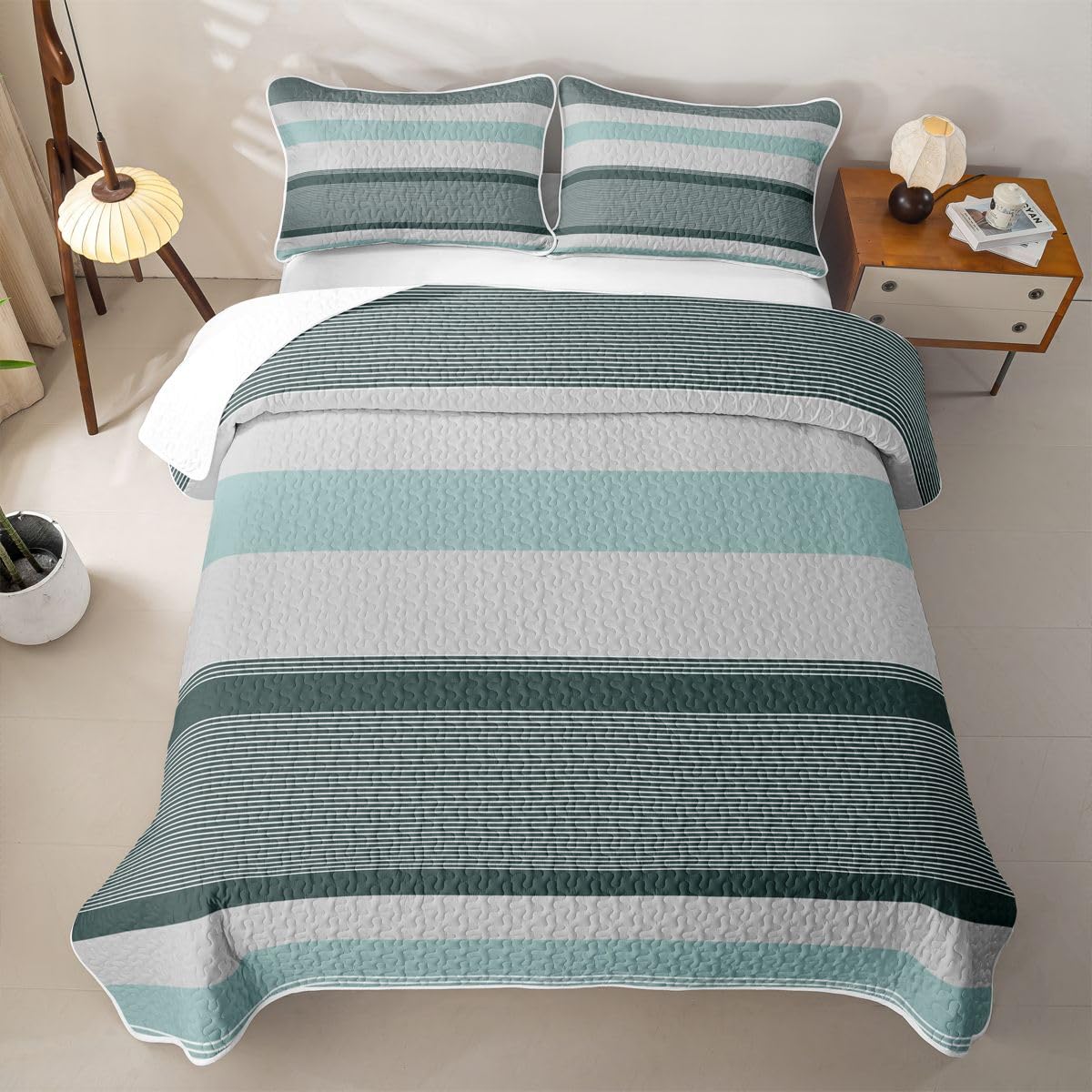 Abstract Geometric Quilt Bedding Set Farmhouse Ticking Stripes Quilted Comforter Mid‐Century Bedspread Coverlet