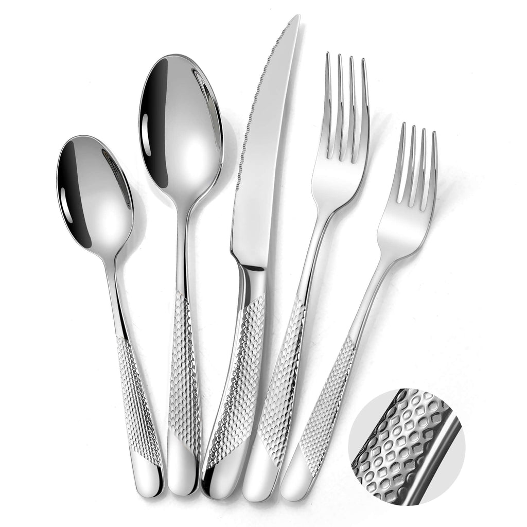 Hammered 30 Pieces Set Silverware Set for 6 with Serrated Forging Knives,18/10 Stainless Steel Modern Flatware