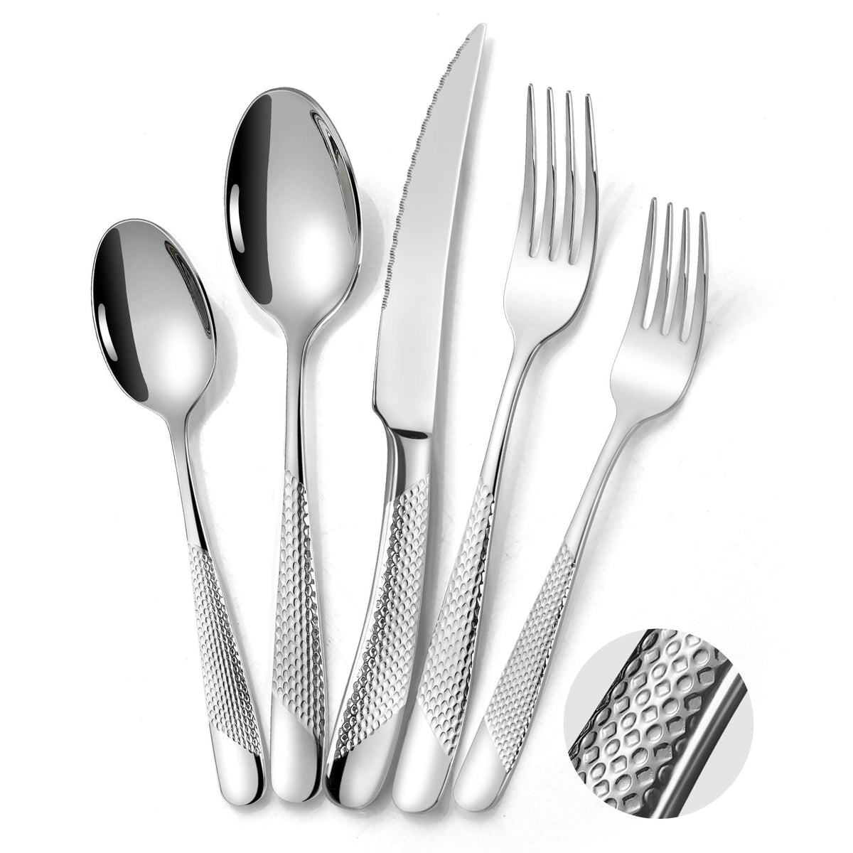 Hammered 30 Pieces Set Silverware Set for 6 with Serrated Forging Knives,18/10 Stainless Steel Modern Flatware