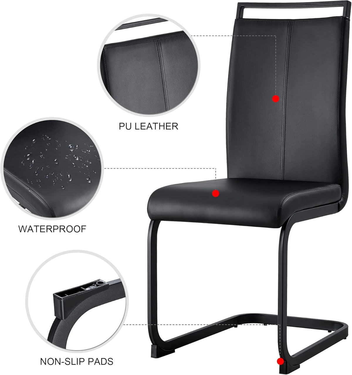 Modern Leather Dining Chairs Set of 4, Armless Upholstered Kitchen Chairs with Padded Seat and Chrome Legs, Black