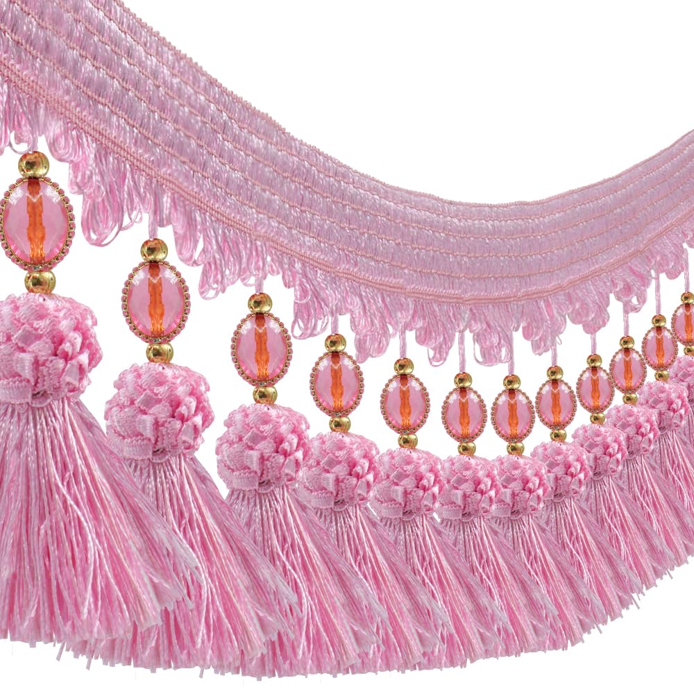 Pom Pom Curtain Fringe Trim Beads Ball Tassel Trimming Sewing Ribbon Upholstery Fabric (Pink) - 3yards
