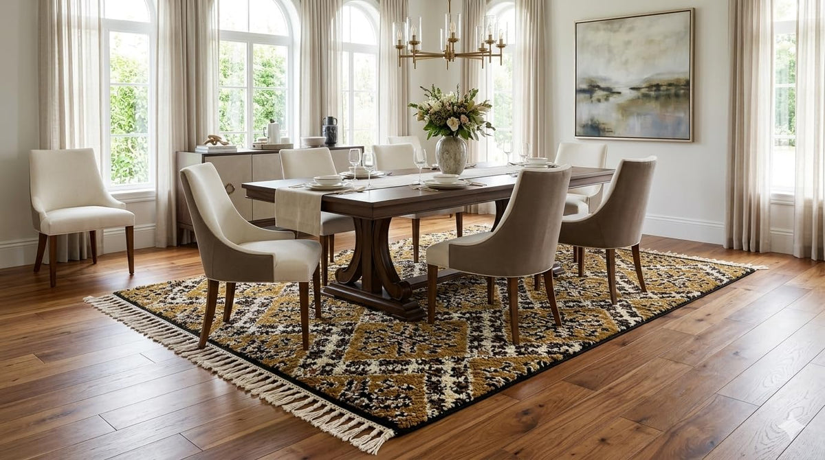 Wool Rug 6' x 9' - Handmade Berber Shag Area Rug, Ochre and Cream Traditional Diamond Pattern, Atlas Artisan Wool