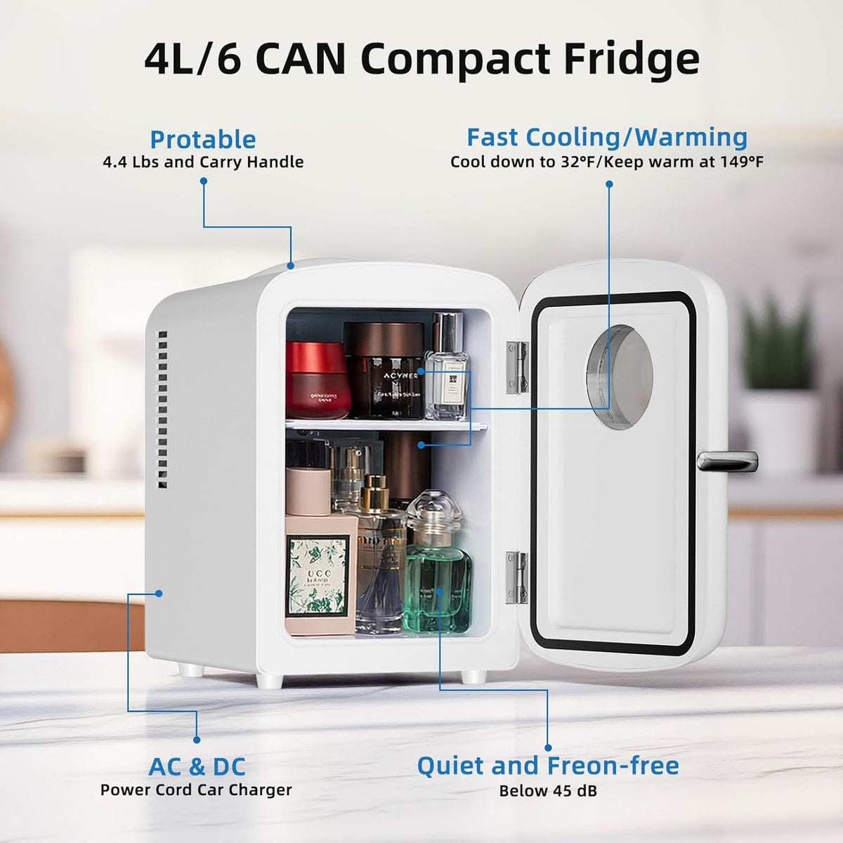 Compact Mini Fridge, 4L Capacity/6 Cans Portable Cooler and Warmer Compact Refrigerator, for Bedroom,Car,Office and Dorm, Small Cooler and Warmer for Cosmetics, Beverage and Food, White