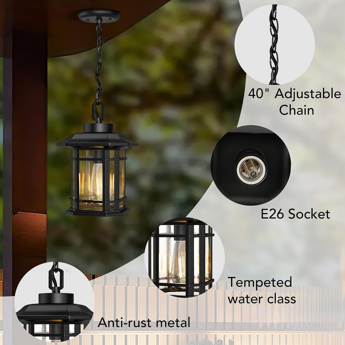 Outdoor Pendant Light Fixture, Exterior Hanging Lights, Hanging Lantern with Adjustable Chain