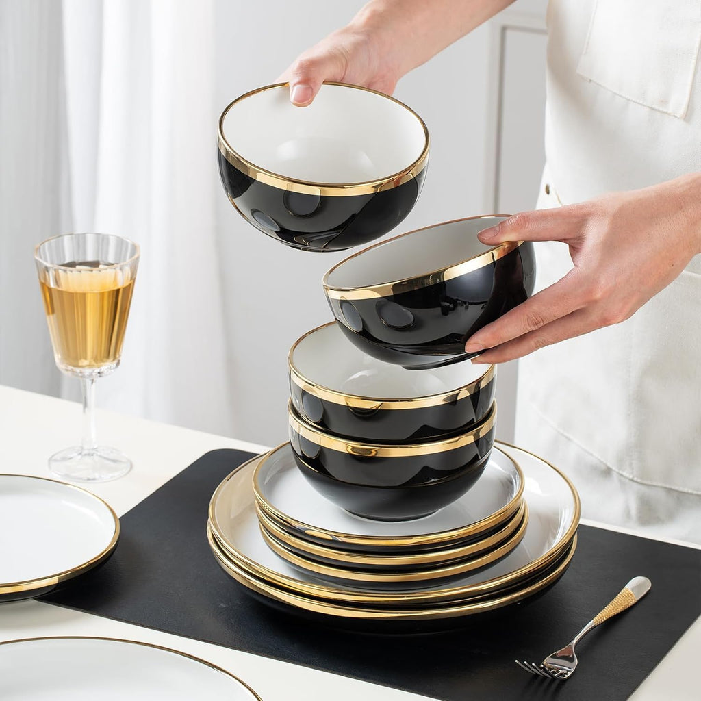 Black and Gold Ceramic Dinnerware Sets for 4, 16-Piece Luxury Plates and Bowls Sets with Gold Rim, Modern Dish Set