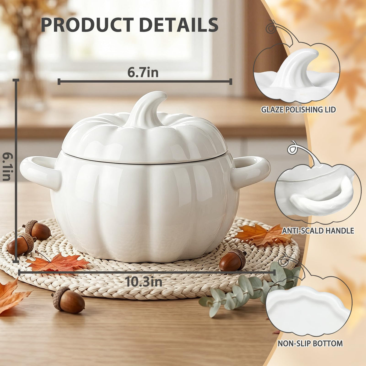 Pumpkin Soup Bowl, 64oz Ceramic Pumpkin Pot with Lid (White)
