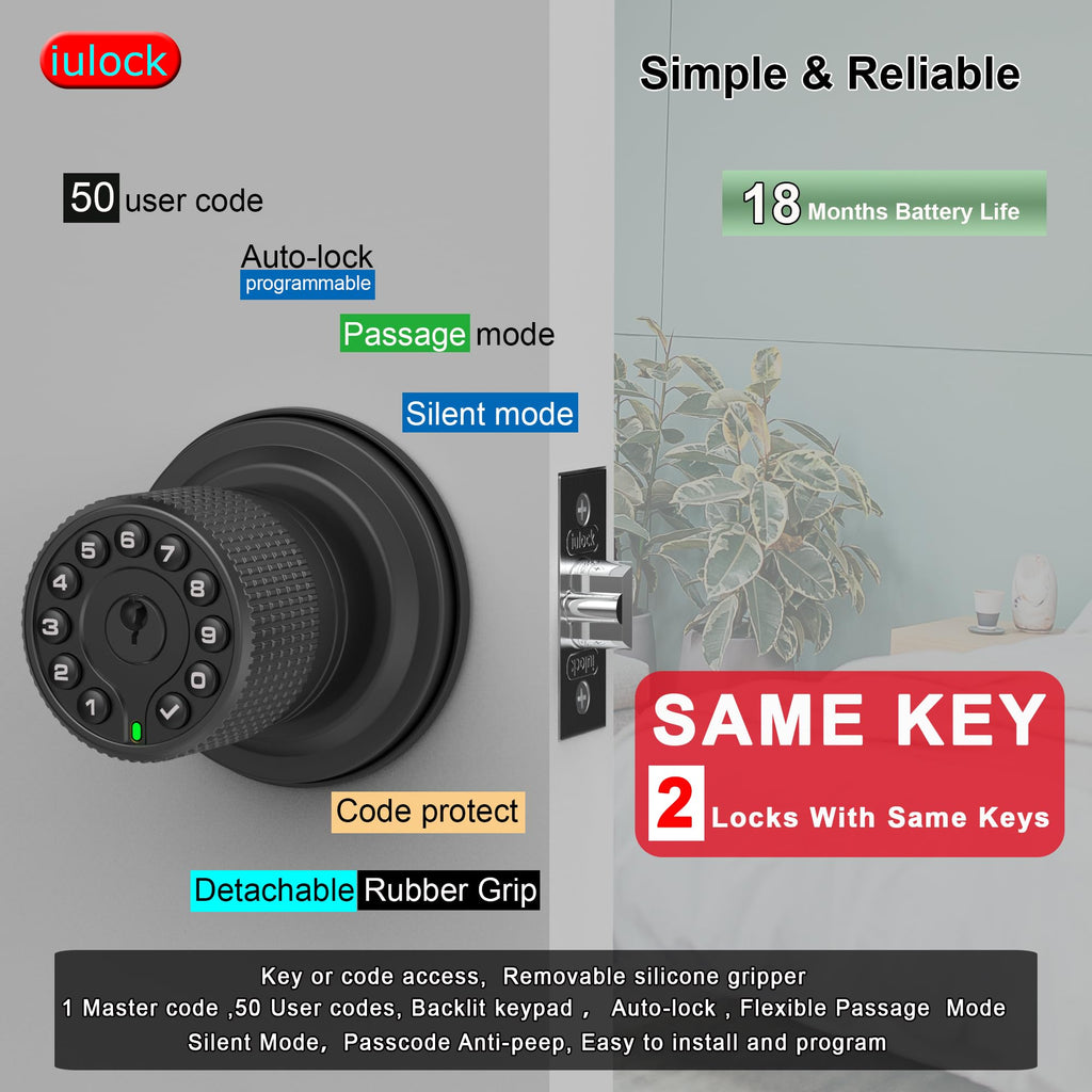 Smart Door Knob with Keypad and Key, Keyless Entry Door Lock with Rubber Grip, Auto Lock, 50 User Code, Waterproof, Easy