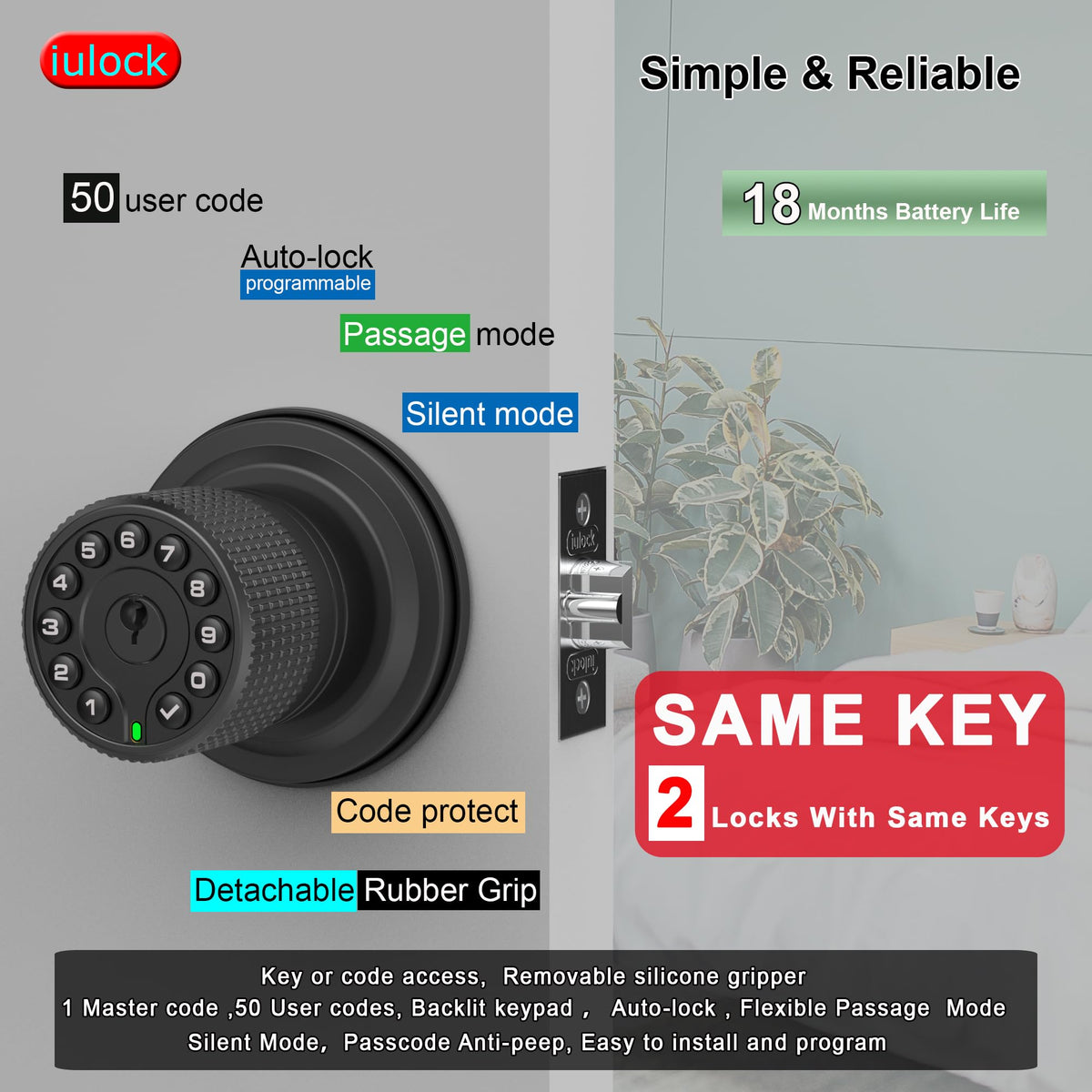 Smart Door Knob with Keypad and Key, Keyless Entry Door Lock with Rubber Grip, Auto Lock, 50 User Code, Waterproof, Easy
