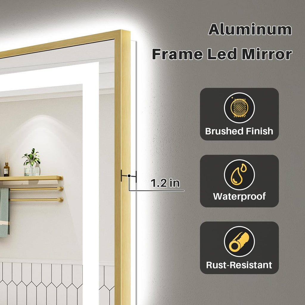36x30 Inch LED Bathroom Mirror with Gold Frame, Backlit & Front Lit