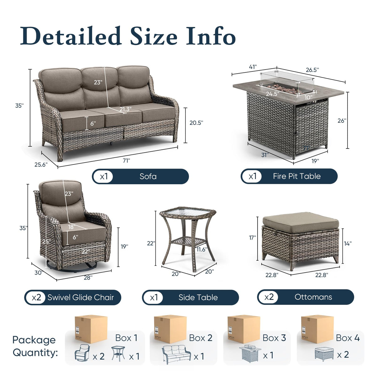 Luxury 6" Thick Cushioned 7 Pieces Patio Furniture Set with Fire Pit Table, Wicker Outdoor Conversation Set with High