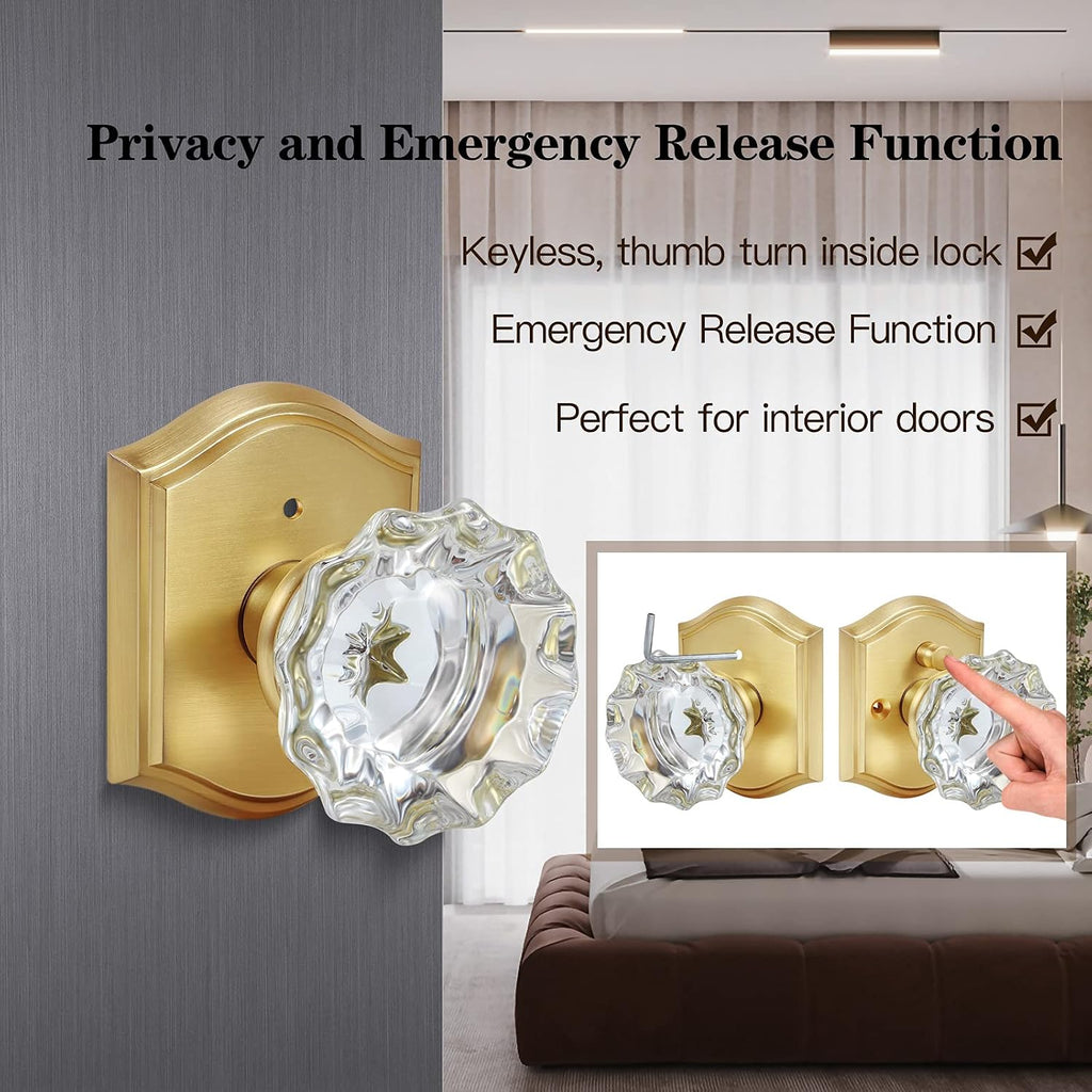 Premium Glass Door Knobs, Bathroom Bedroom Door Knobs with Lock, Privacy Gold Door Knob Interior, Satin Brass