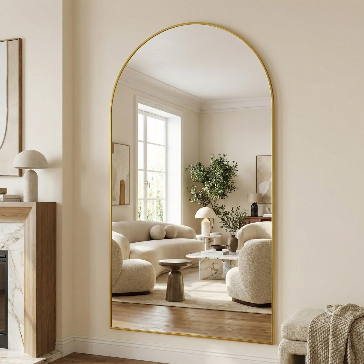 76"x44" Arched Full Length Mirror with Stand, Full Body Mirror with Aluminum Frame