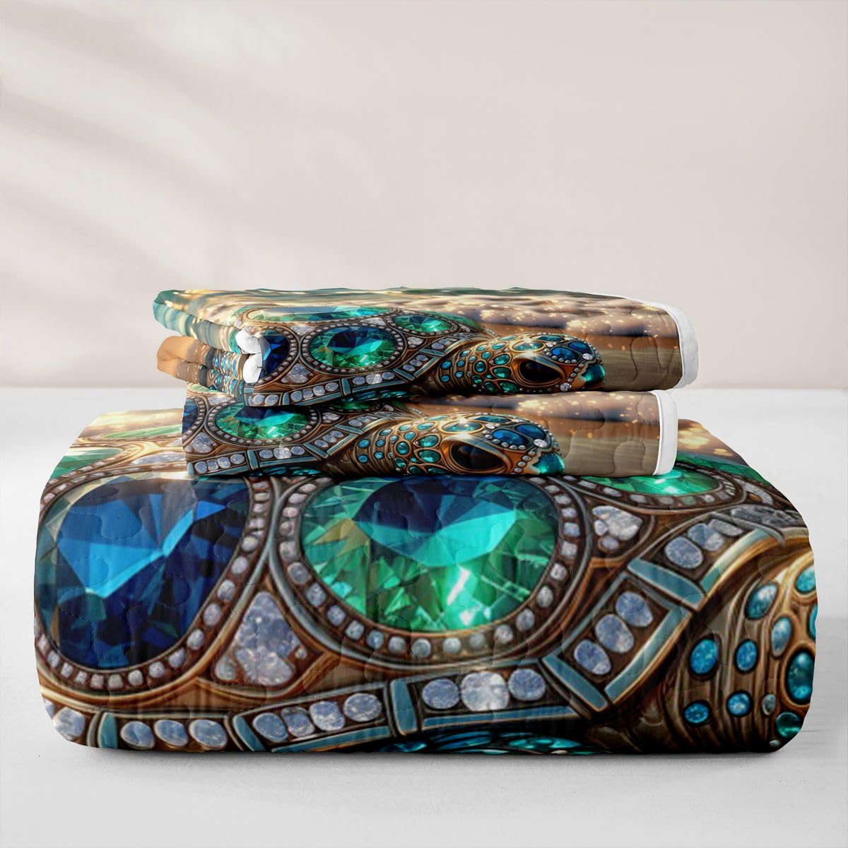 Sea Turtle Quilt for Women - Luxury Sparkling Gemstone Turtle Quilt Set Chic Coastal Beach Quilted Bedspread