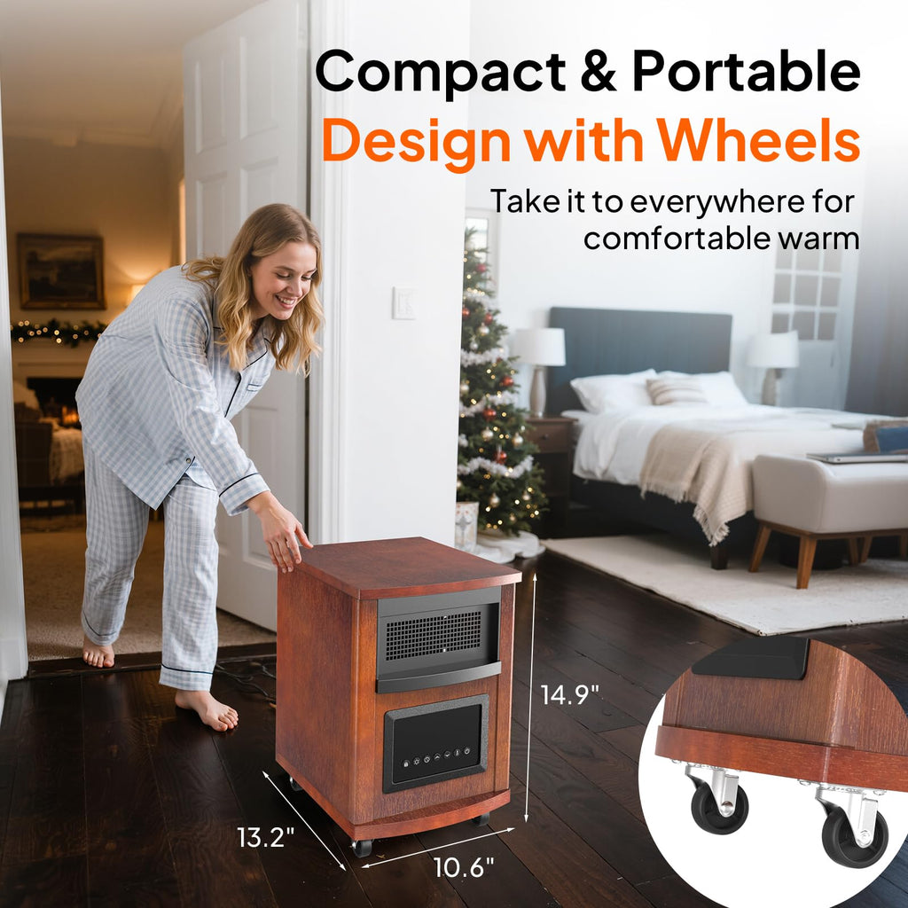 1500W Quartz Infrared Heaters, Electric Space Heater, Portabel Handle & Wheels, 12H Timer, 3 Modes, Tip-Over &