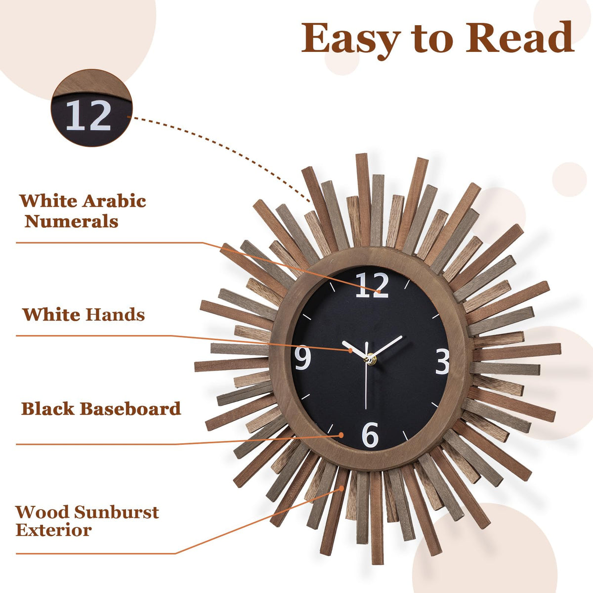 Inspired Nelson Style 18 Inch Large Wall Clock, Battery Operated, Silent, Rustic Wood Boho Sunburst Decorative Wall Clocks Kitchen Bedroom