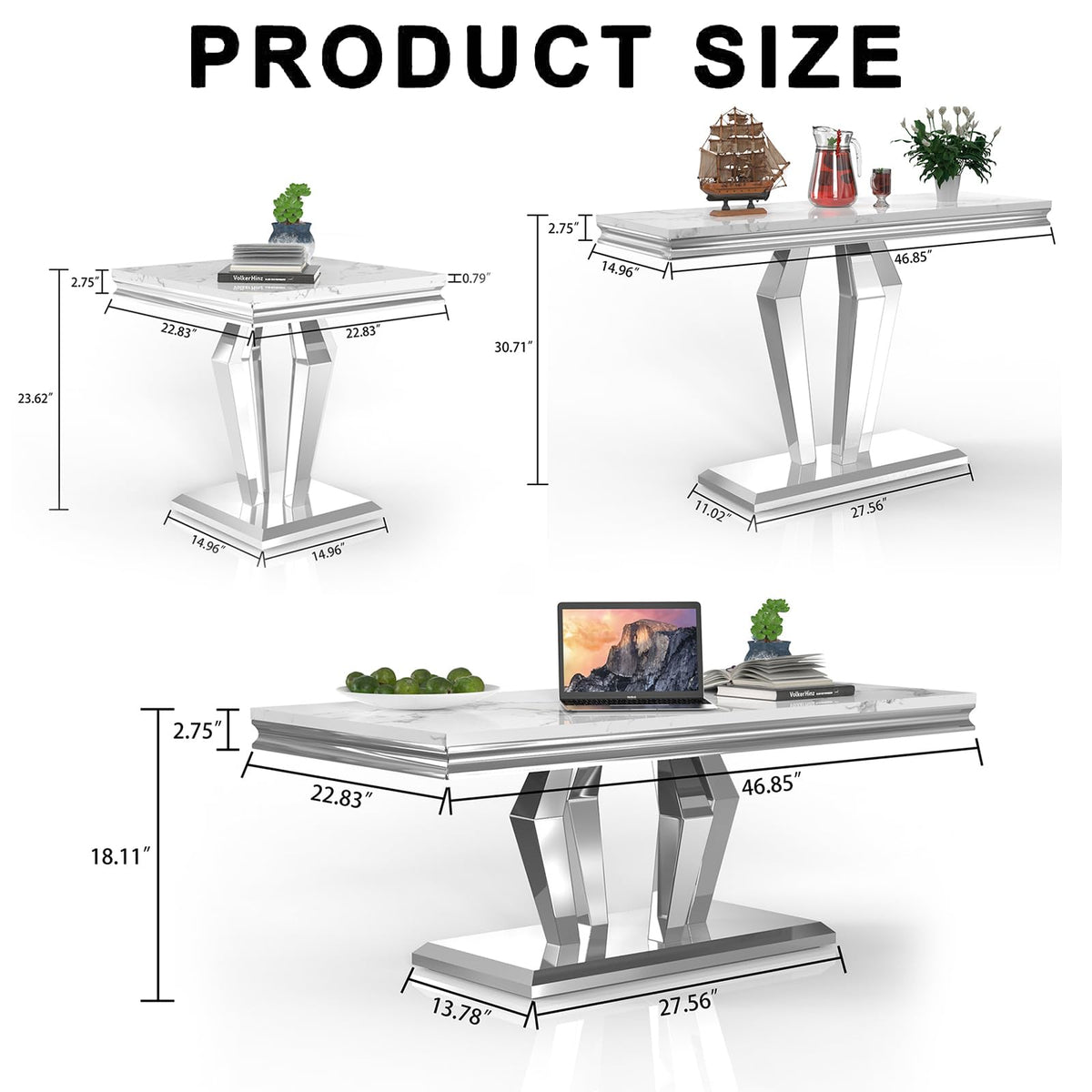 Modern 4 Piece Living Room Table Set, Includes 1 Coffee Table& 2 End Tables &1 Console Table, Luxury Faux Marble