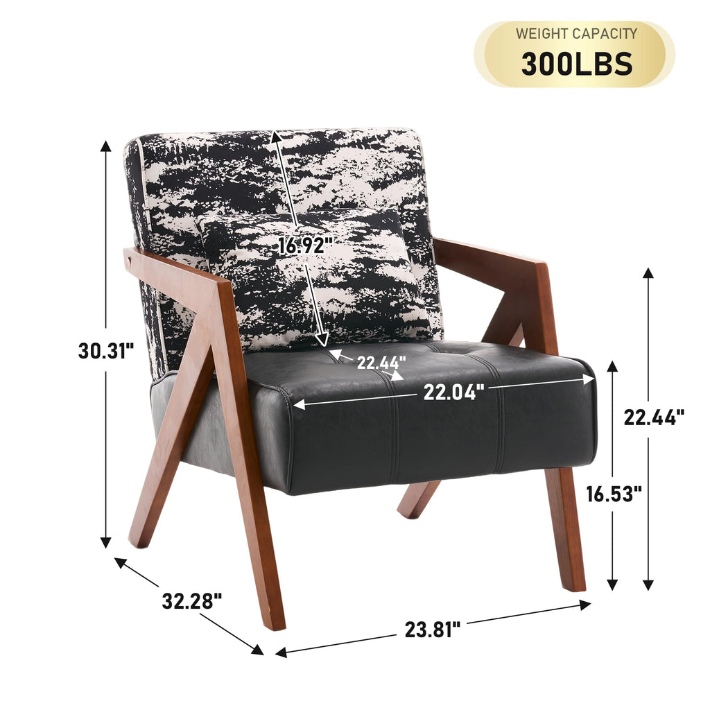 Mid-Century Modern Accent Chair Set of 2 with Solid Wood Frame, Upholstered Leather Living Room Arm Chairs with Pillow