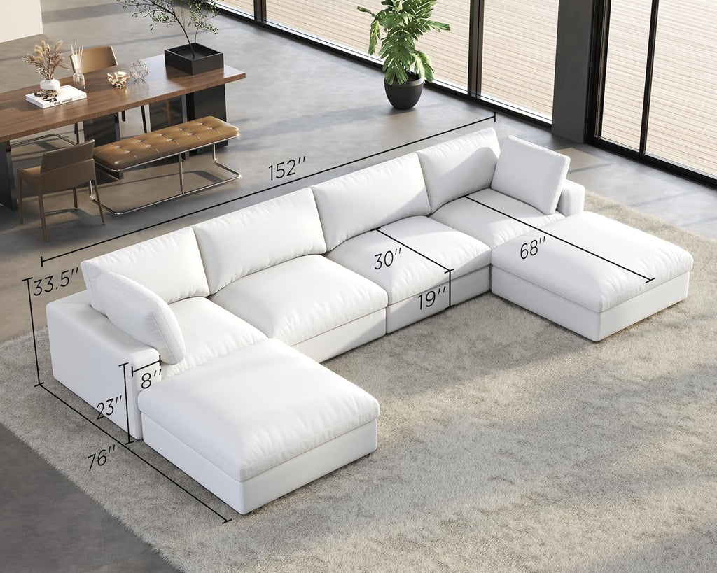 152" Modular Sectional Sofa, 6 Seats U Shaped Cloud Couch, White Linen