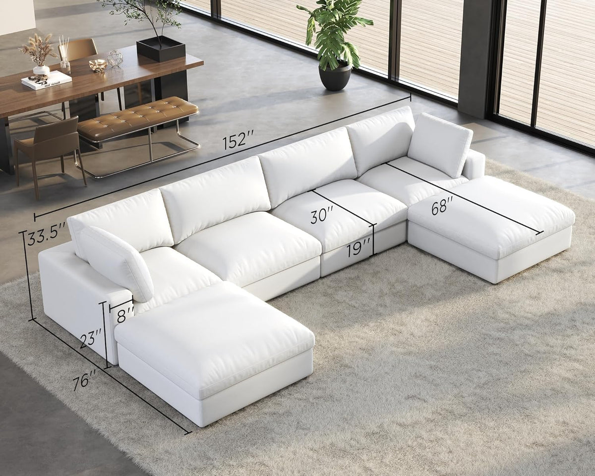 152" Modular Sectional Sofa, 6 Seats U Shaped Cloud Couch, White Linen