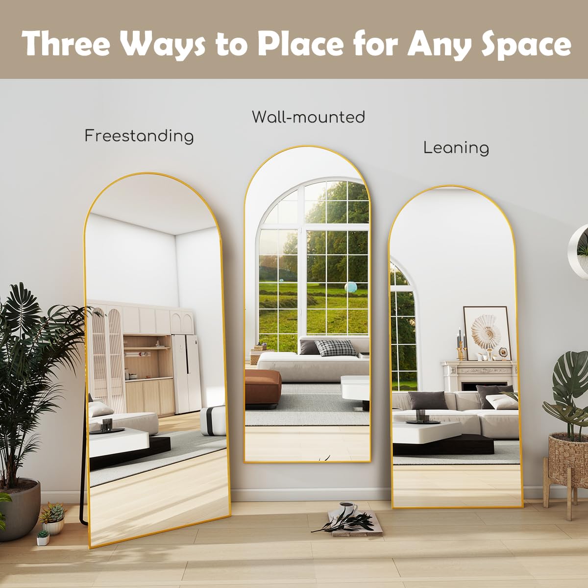 Arched Full Length Mirror, 70"x26" Free Standing Floor Mirror, Gold