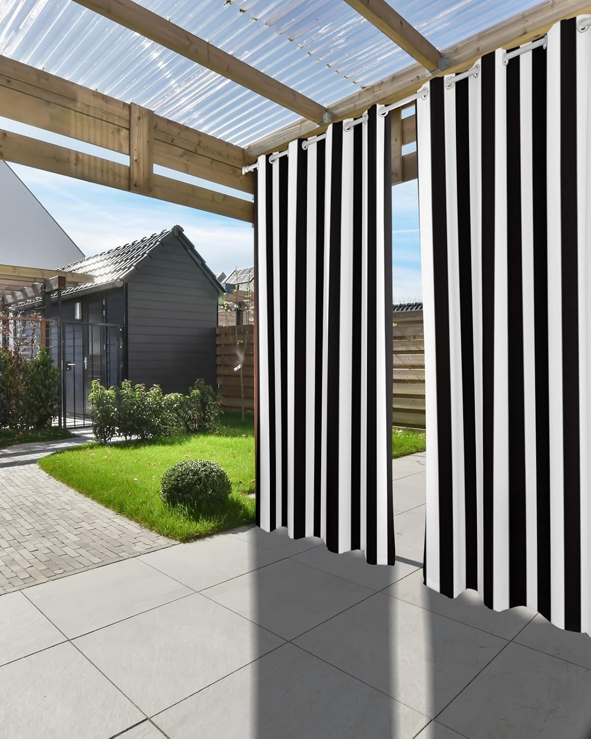 Outdoor Curtains (Set of 2 Panels) Waterproof Black and White Stripe Indoor/Outdoor Curtain Tiebacks Simple Style Privacy Curtain Sun