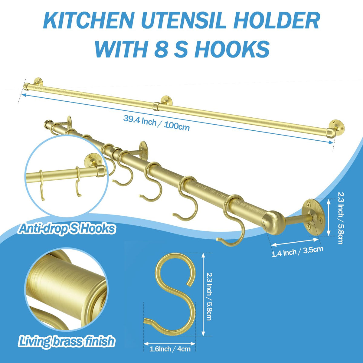 Stainless Steel Pot and Pan Hanger - 39.4 Inch Wall Mounted Hanging Pots and Pans Rack Wall Rail with Hooks (Brass)
