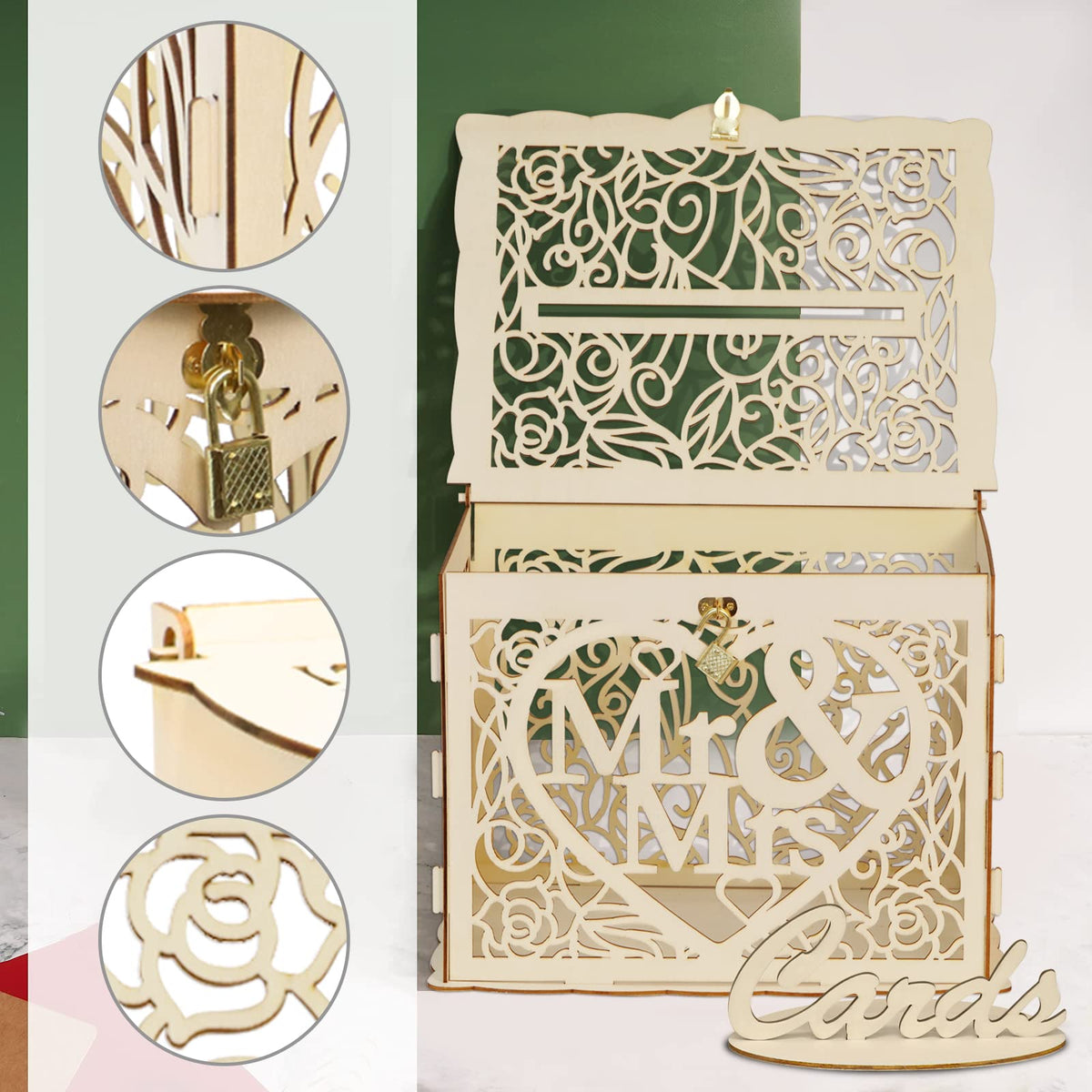 Wedding Card Box with Lock and Card Sign, Wooden Gift Card Box Money Box for Reception Wedding Anniversary Baby