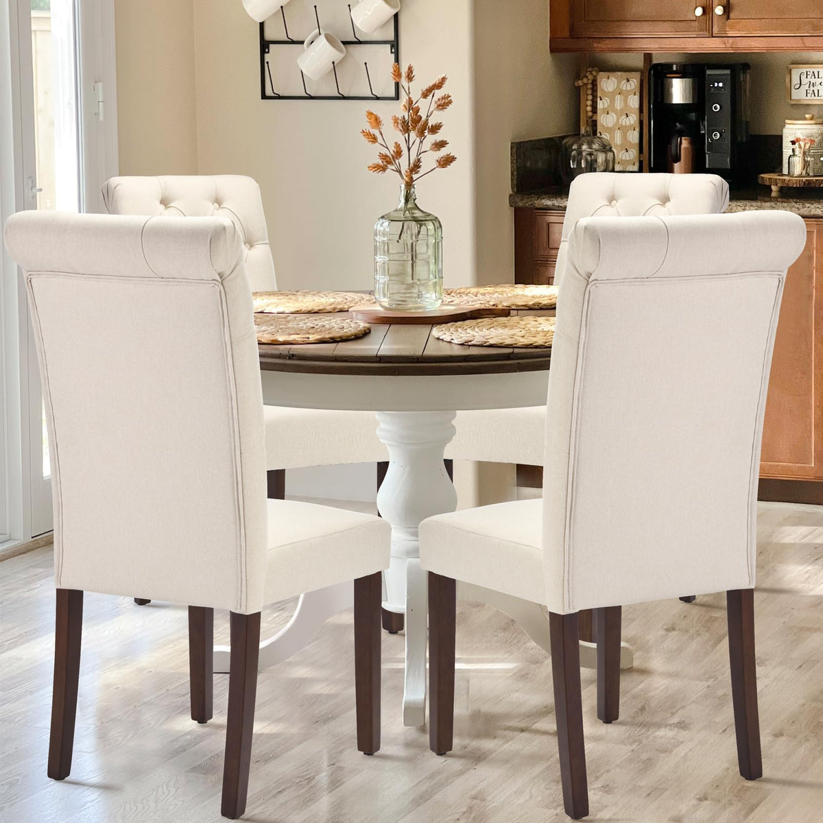 Tufted Set of 4, Upholstered Parsons Dining Room Chairs, Fabric Kitchen Side Chair with Wood Legs, Beige