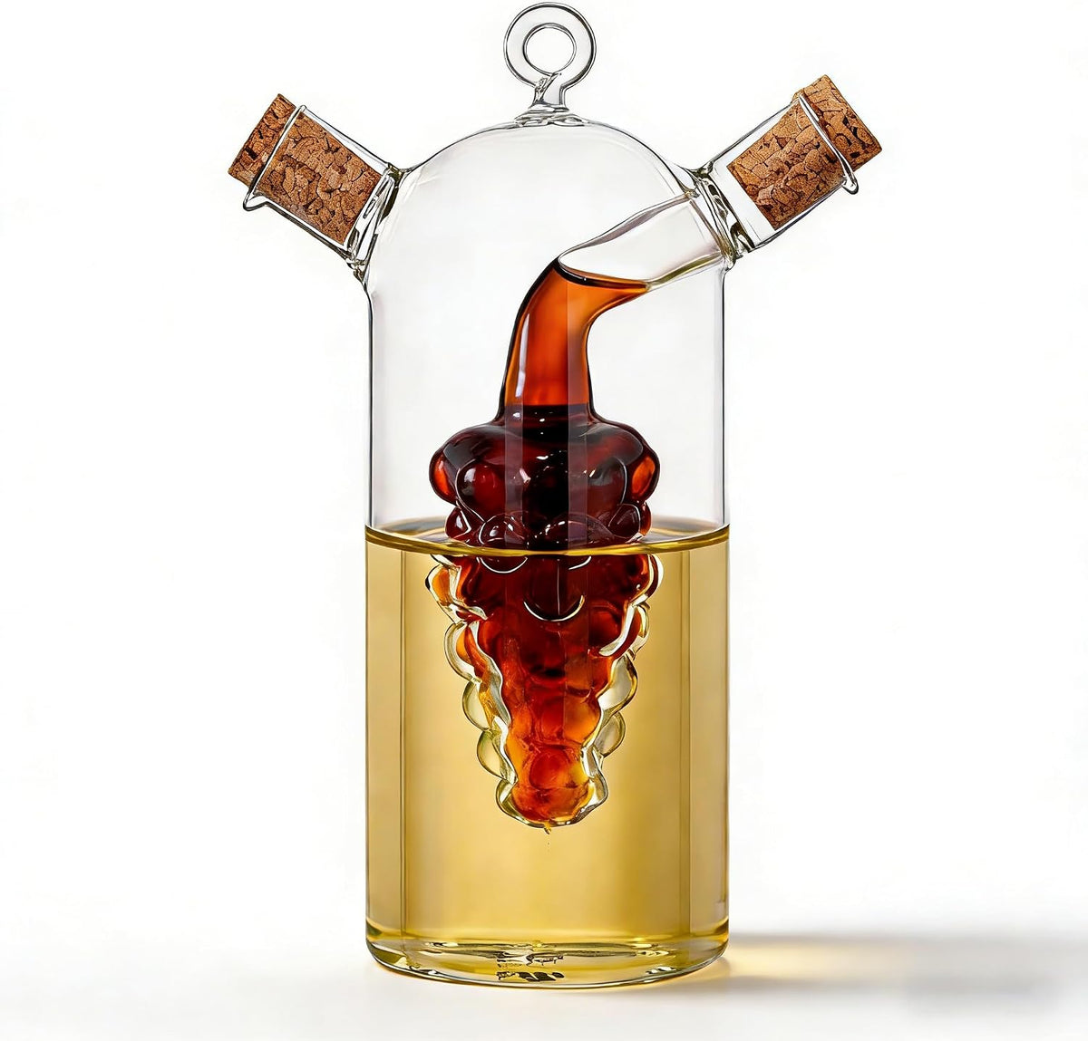 Grape Motif 2 in 1 Glass Oil and Vinegar Cruets,Dual Chamber Bottle