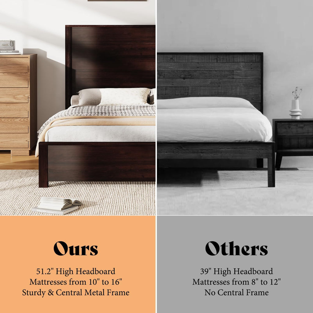51.2" Queen Size Bed Frame, Farmhouse Wood Platform Bed, Walnut