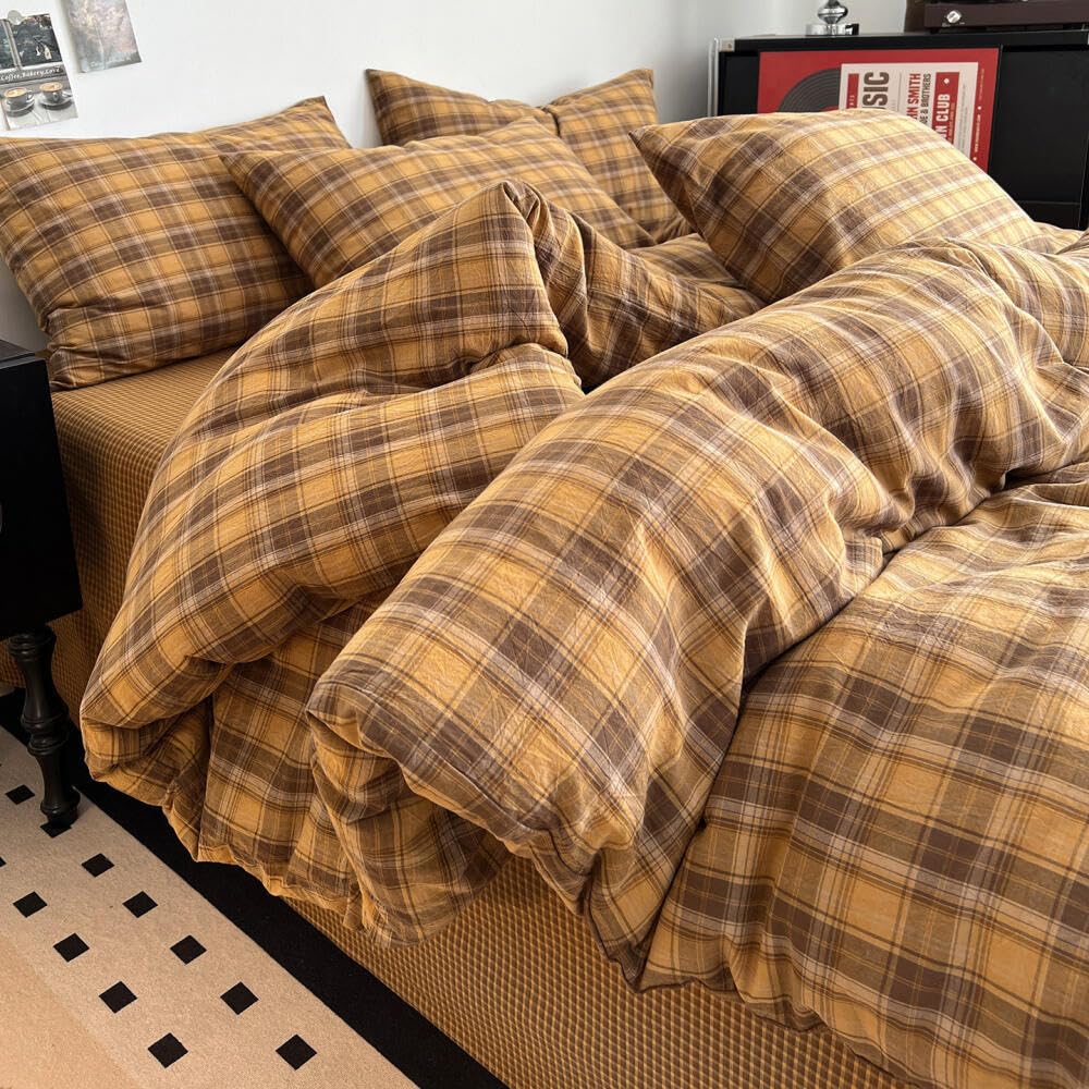 Brown Gingham Comforter Set, Tan Plaid Checked Bedding Set, Cabin Lodge Ultra Soft Lightweight Comforter, 3