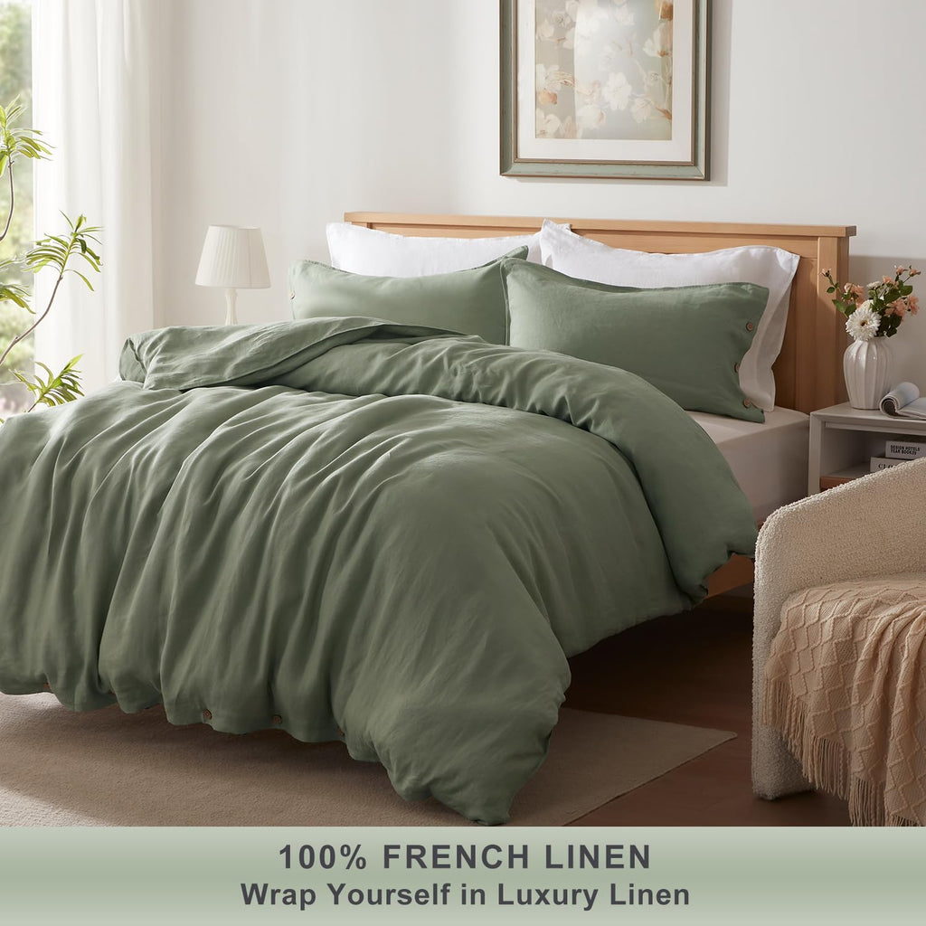 100% Linen Duvet Cover Set, 3 Piece Button Closure