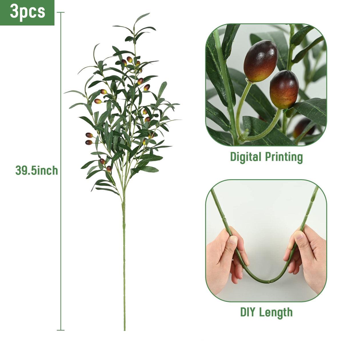 39'' Tall Faux Olive Branches for Vases, Artificial Greenery Stems Decor