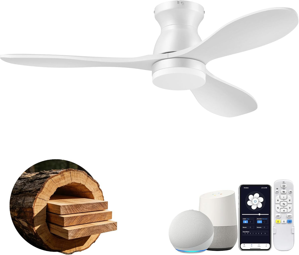 42" White Smart Flush Mount Ceiling Fan with Light & Remote