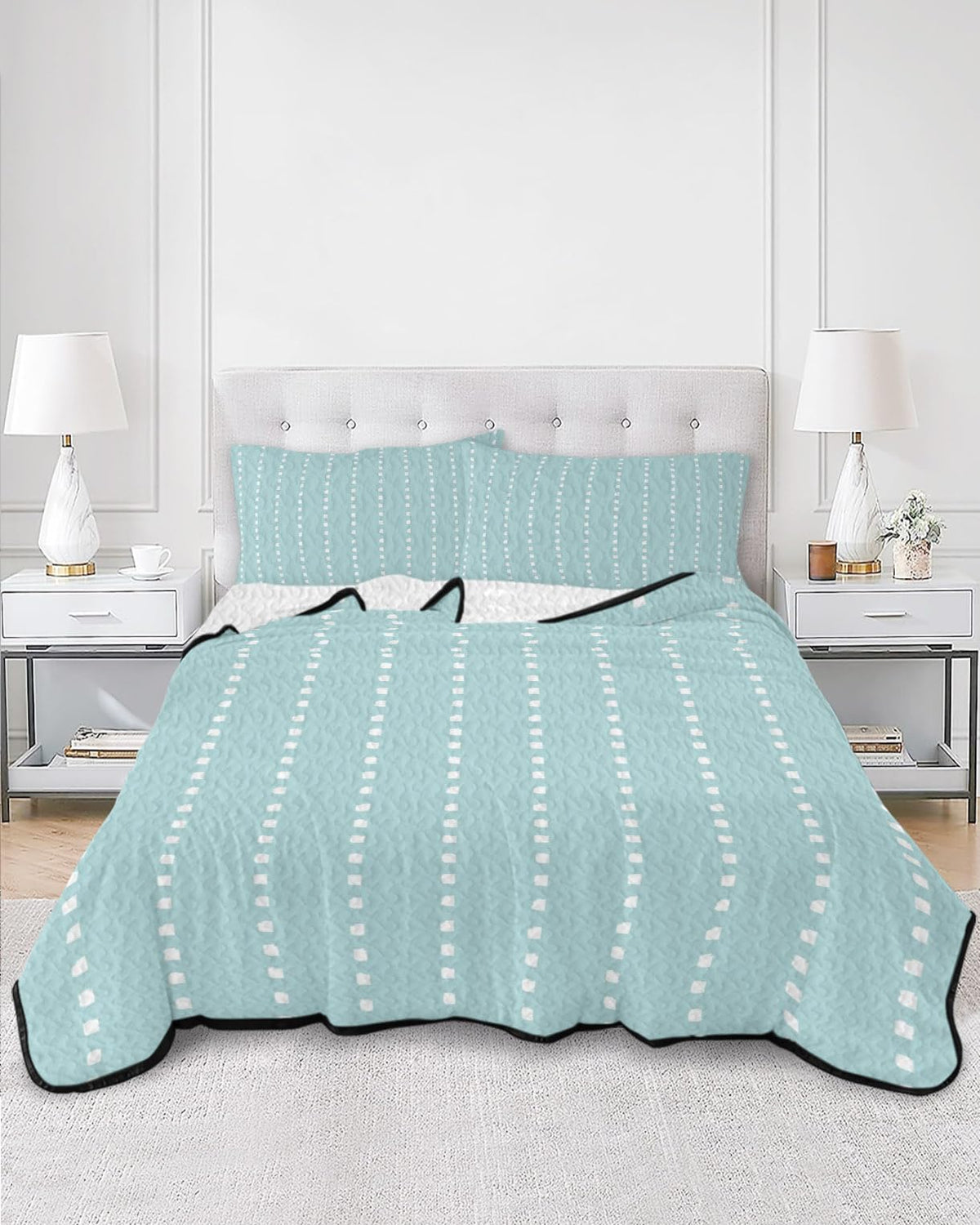 Ticking Quilt Set 3 Pieces Quilted Bedspread- Soft, Light Airy Mint Blue Lightweight Quilt with 2 Pillow
